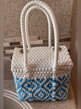 Mexican Woven White and Blue Handbag